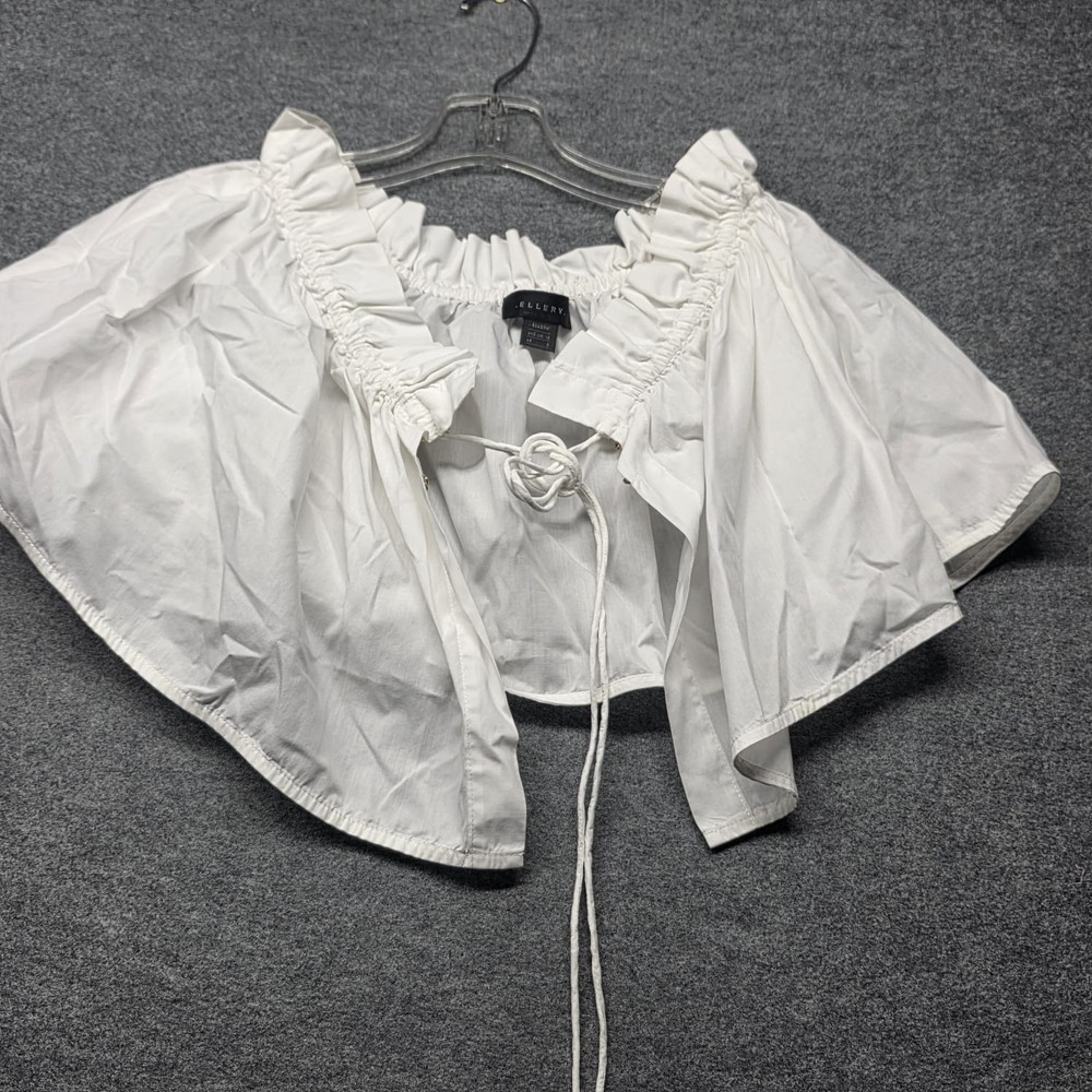 ELLERY White Cotton Ruffle Tie Front Blouse Puff Sleeve Cropped Top AU 12 US 8